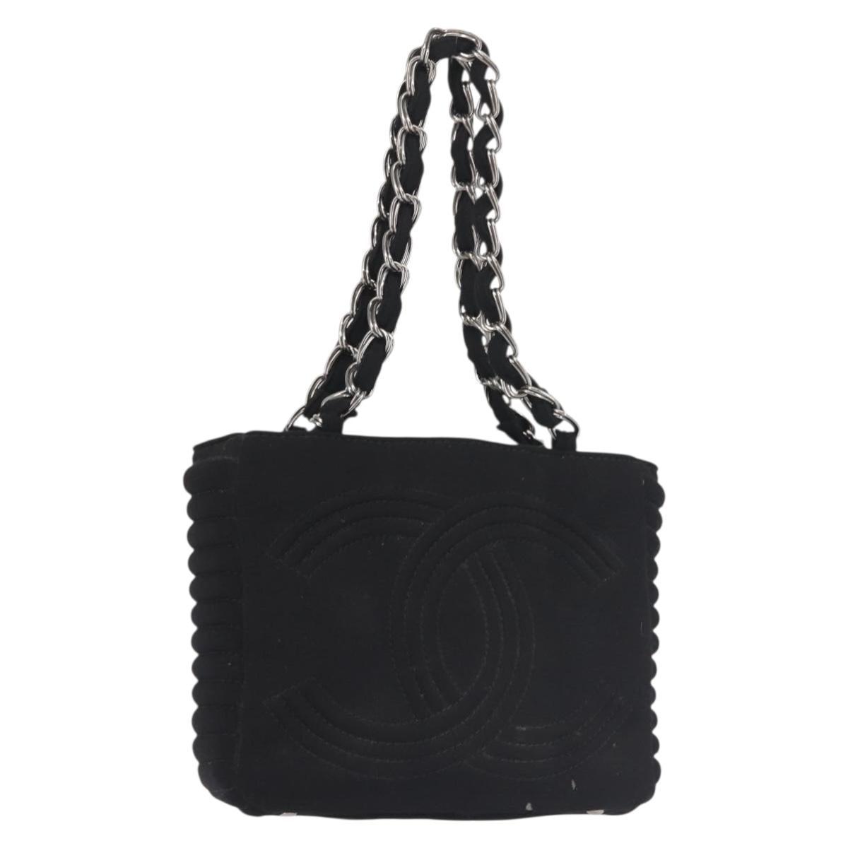 CHANEL Chain Shoulder Bag cotton Black Silver CC Auth 142754