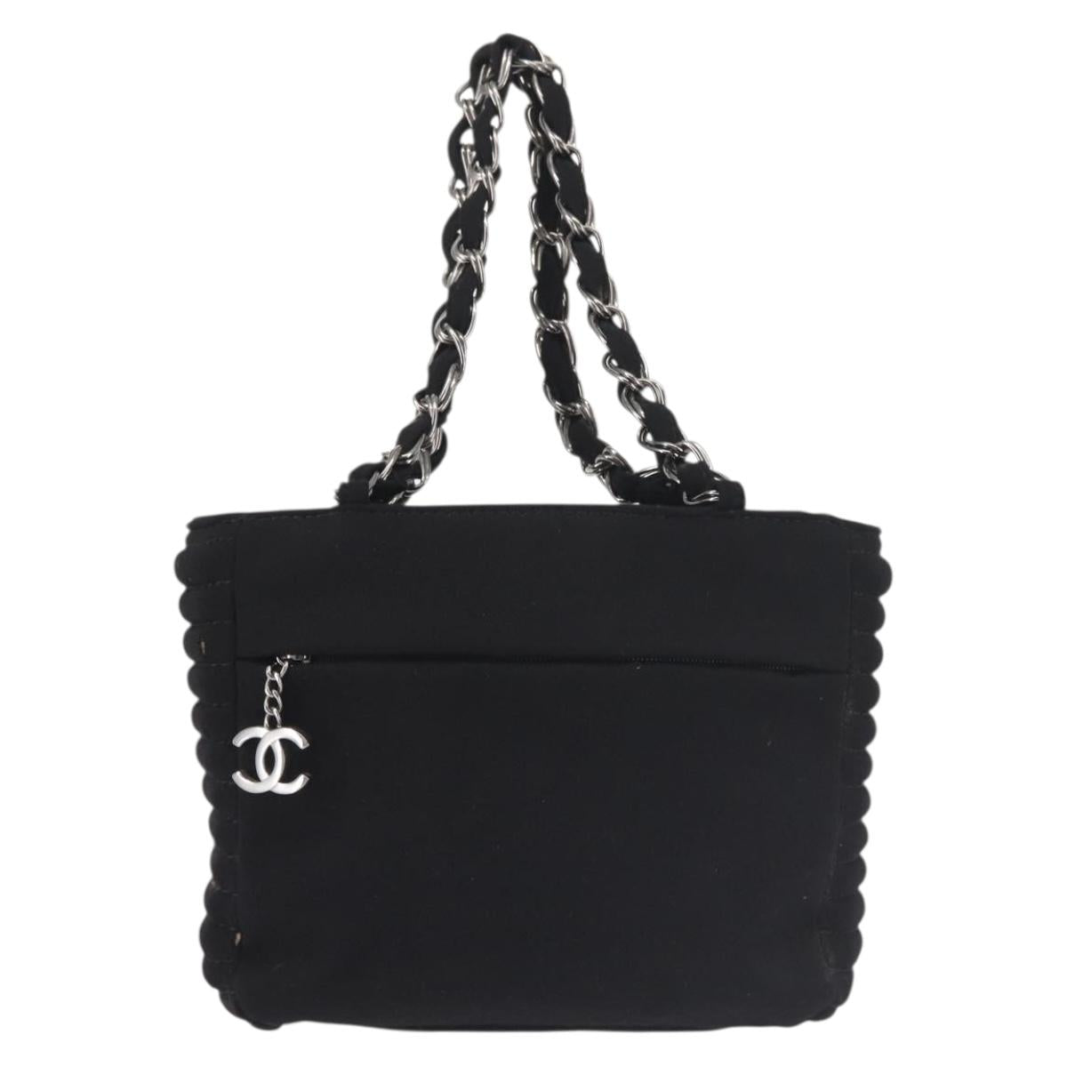 CHANEL Chain Shoulder Bag cotton Black Silver CC Auth 142754