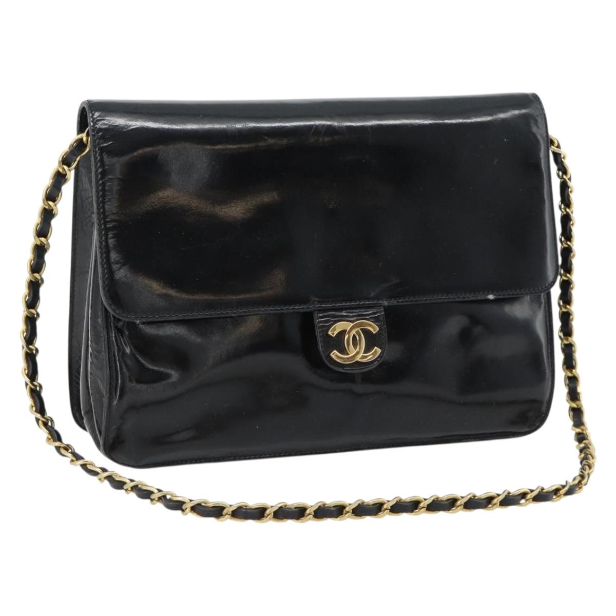 CHANEL Chain Shoulder Bag Patent leather Black Gold CC Auth 142755