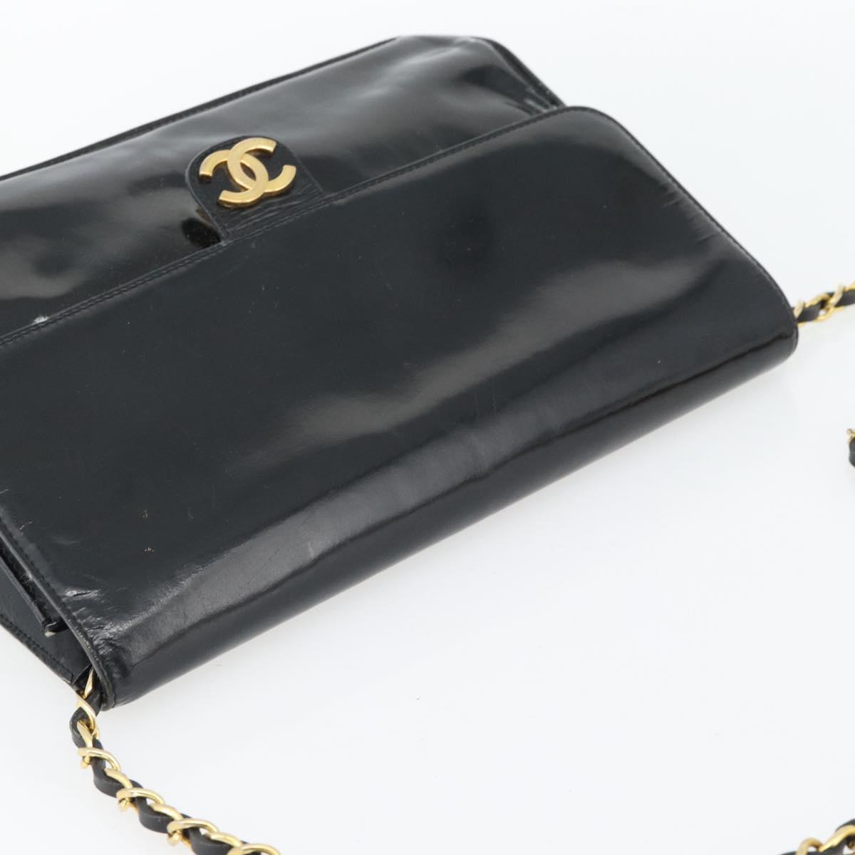 CHANEL Chain Shoulder Bag Patent leather Black Gold CC Auth 142755