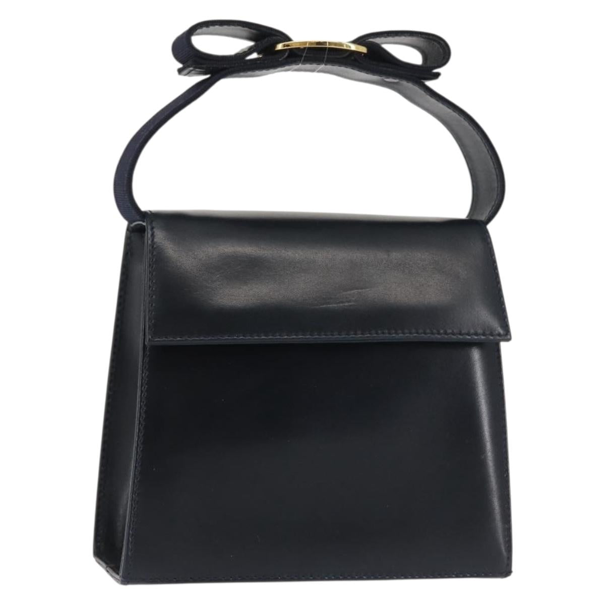 Salvatore Ferragamo Vala Hand Bag Leather Navy Gold Auth 142756
