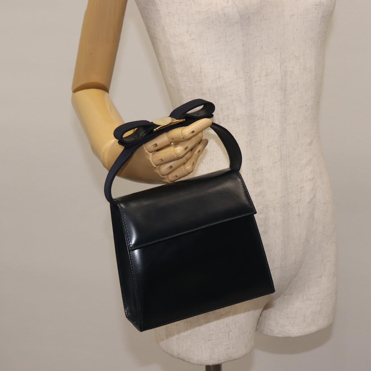 Salvatore Ferragamo Vala Hand Bag Leather Navy Gold Auth 142756