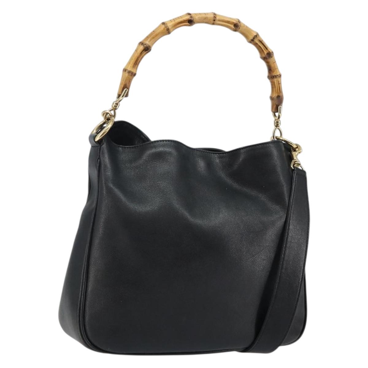 GUCCI Bamboo Shoulder Bag Leather 2way Black Gold 001 1638 Auth 142796