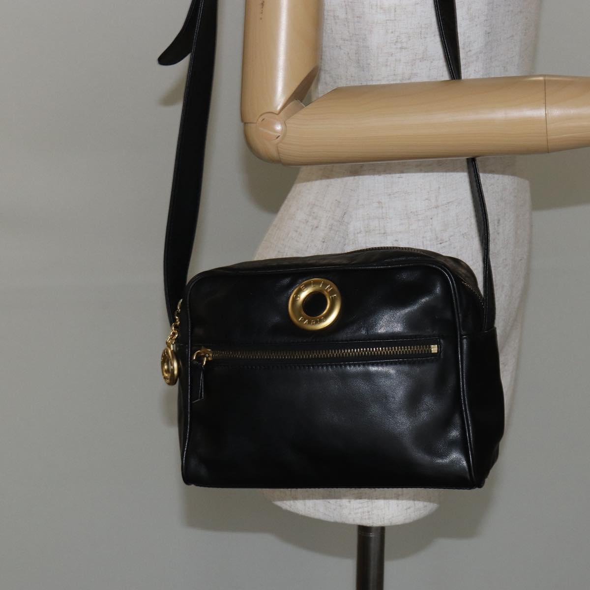 CELINE Shoulder Bag Leather Black Gold Auth 142797