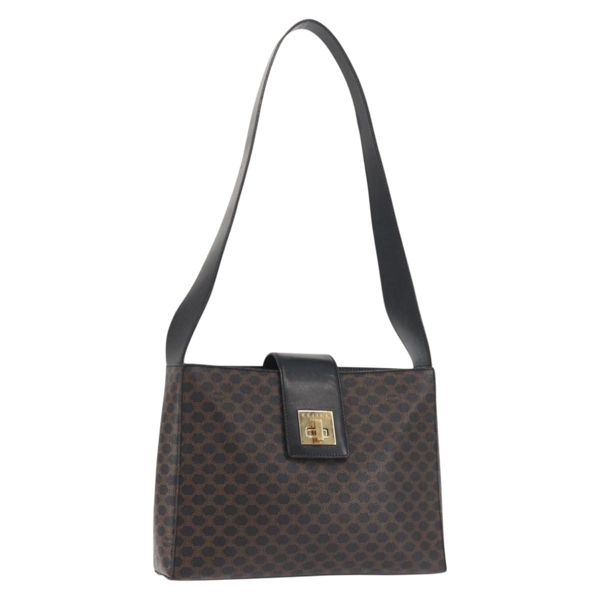 CELINE Macadam Canvas Shoulder Bag PVC Leather Black Gold Auth 142805
