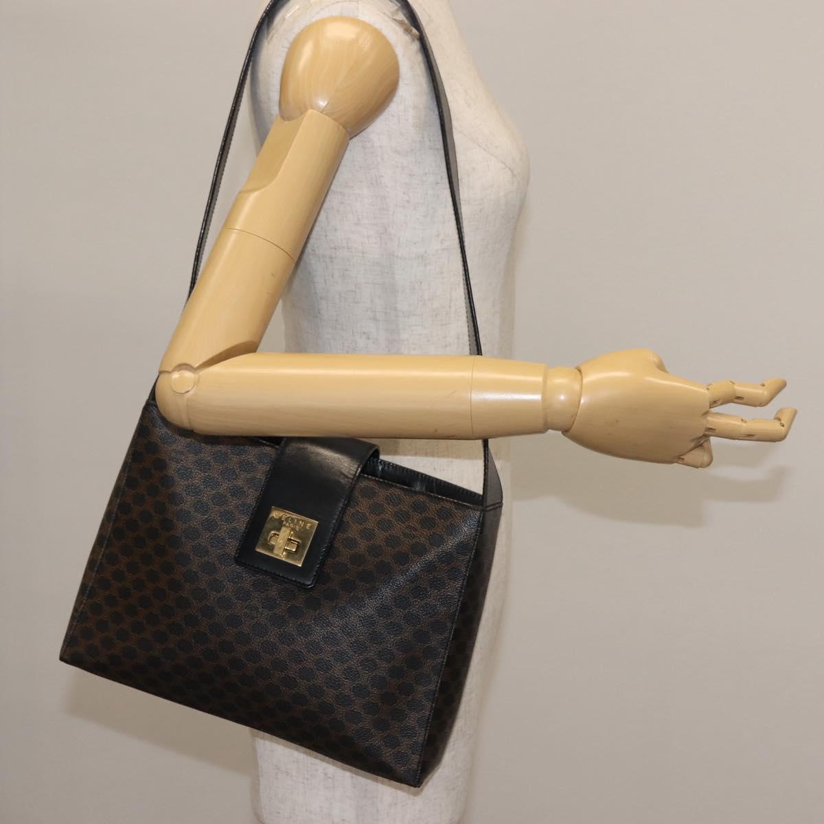 CELINE Macadam Canvas Shoulder Bag PVC Leather Black Gold Auth 142805