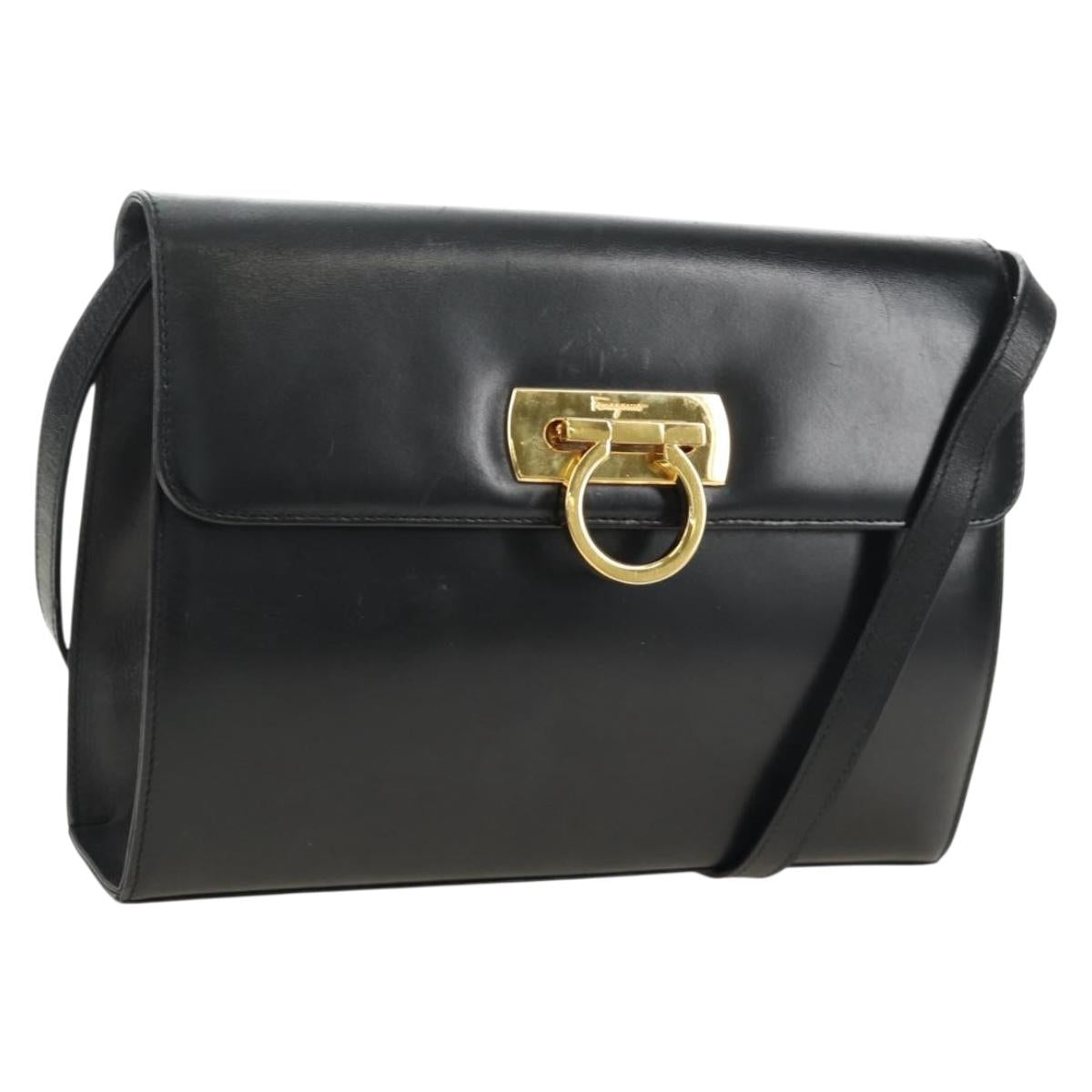 Salvatore Ferragamo Gancini Shoulder Bag Leather Black Gold Auth 142822