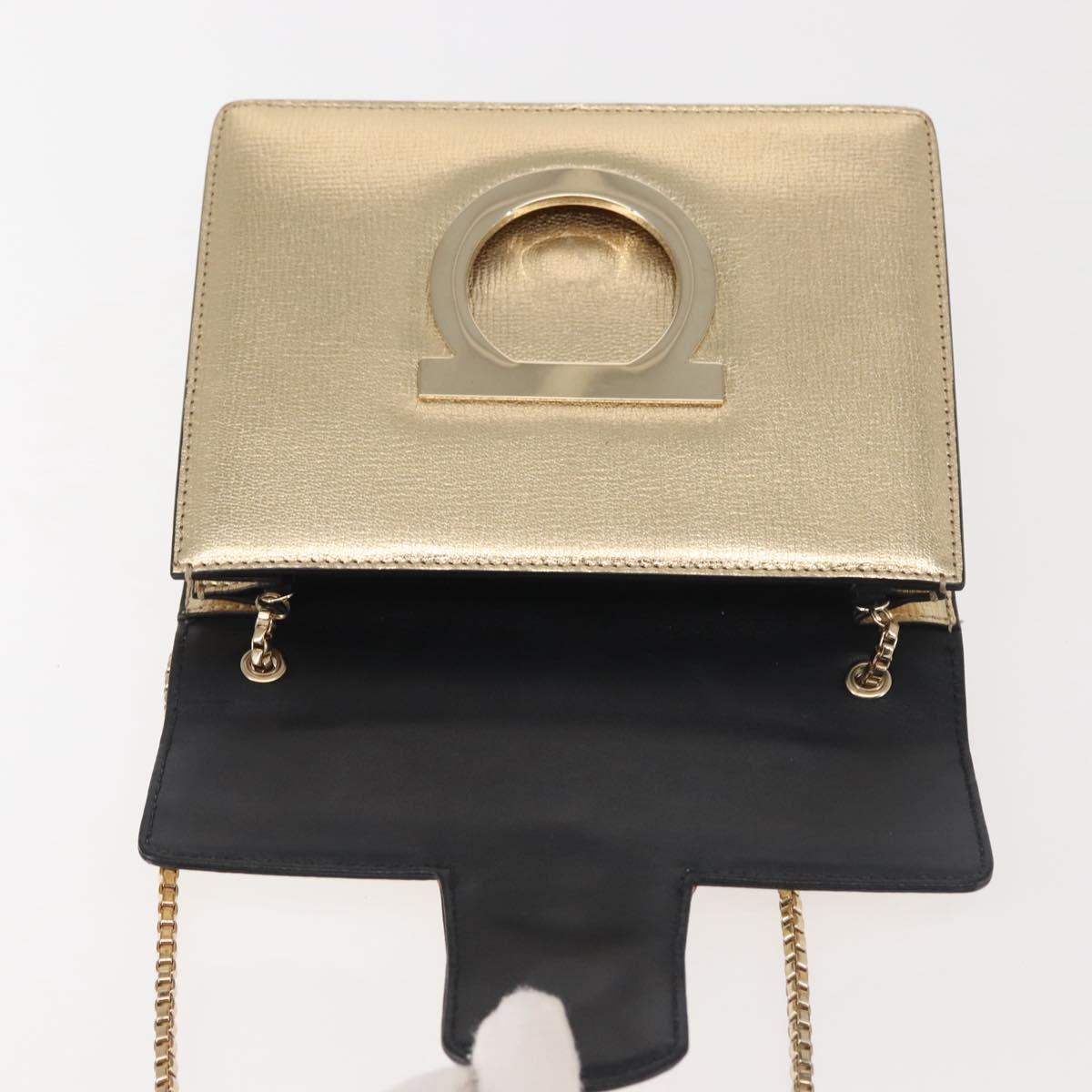 Salvatore Ferragamo Gancini Chain Shoulder Bag Leather Gold Auth 142823