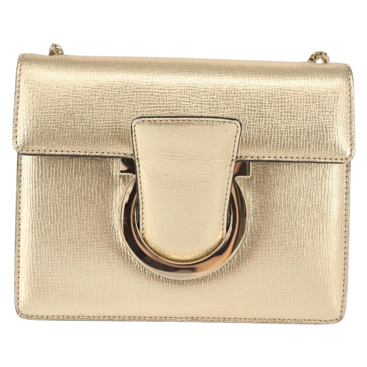 Salvatore Ferragamo Gancini Chain Shoulder Bag Leather Gold Auth 142823