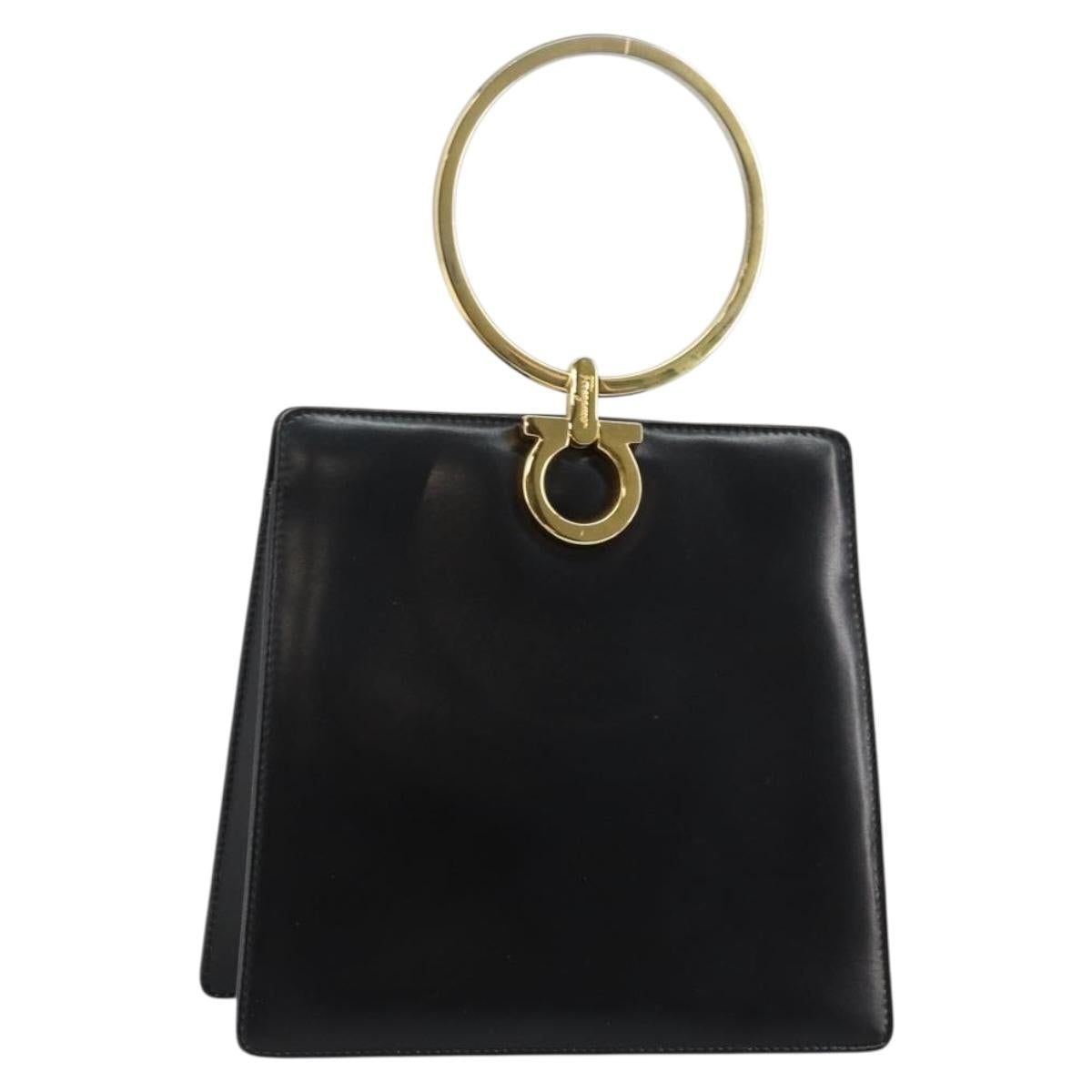 Salvatore Ferragamo Gancini Hand Bag Leather Black Gold Auth 142837