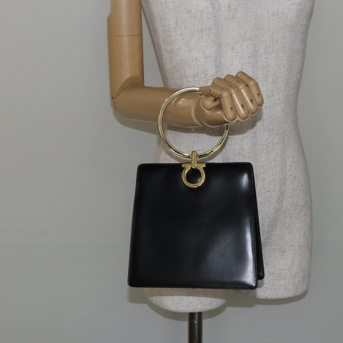 Salvatore Ferragamo Gancini Hand Bag Leather Black Gold Auth 142837