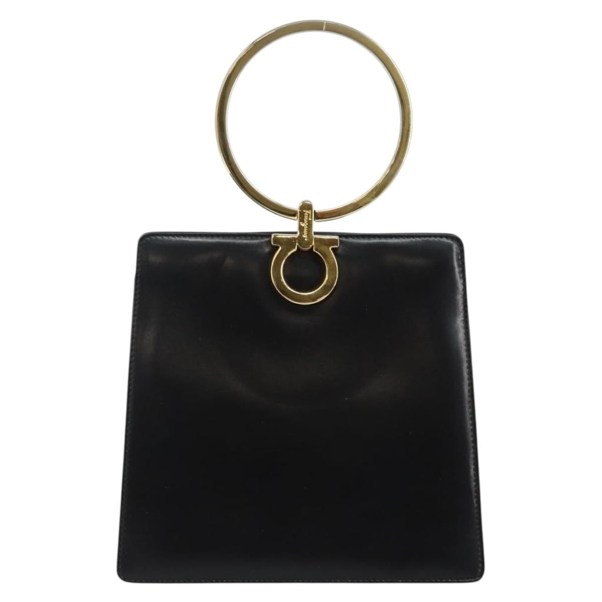 Salvatore Ferragamo Gancini Hand Bag Leather Black Gold Auth 142837