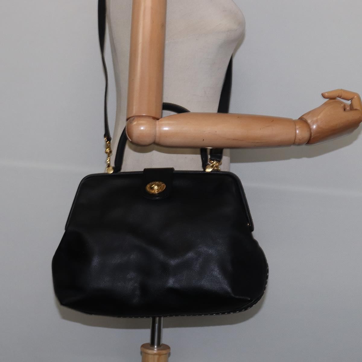 CELINE Hand Bag Leather 2way Black Gold Auth 142840