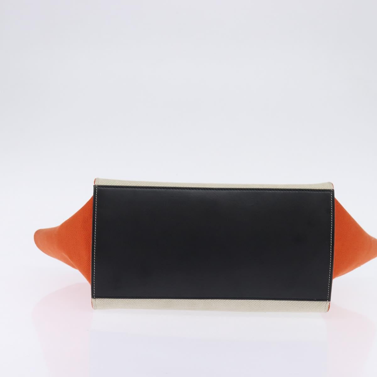 CELINE Trapeze Hand Bag Leather Canvas 2way Beige Black Orange Auth 142841