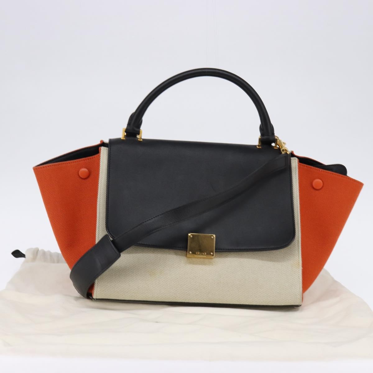 CELINE Trapeze Hand Bag Leather Canvas 2way Beige Black Orange Auth 142841