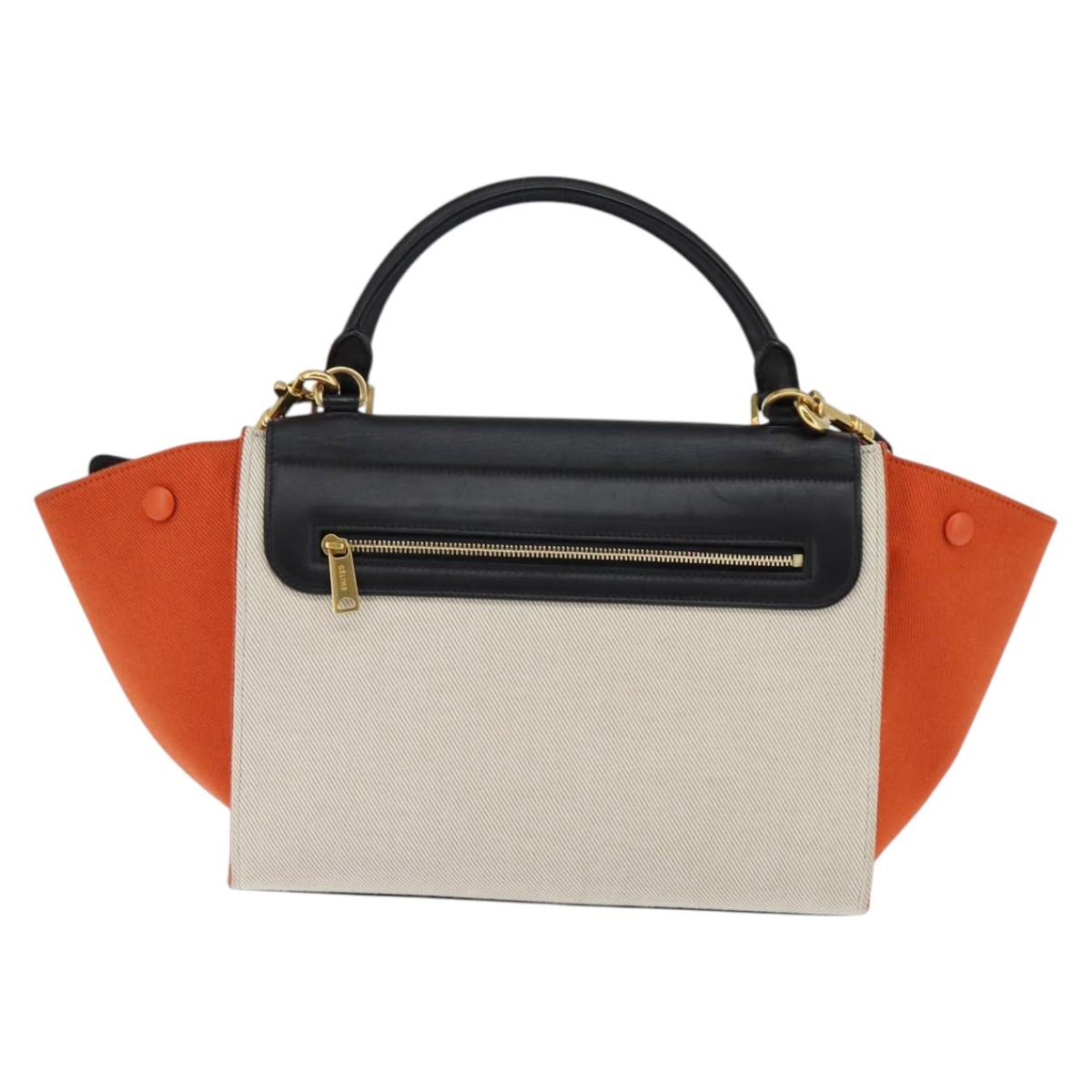 CELINE Trapeze Hand Bag Leather Canvas 2way Beige Black Orange Auth 142841