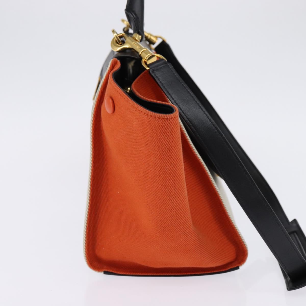 CELINE Trapeze Hand Bag Leather Canvas 2way Beige Black Orange Auth 142841