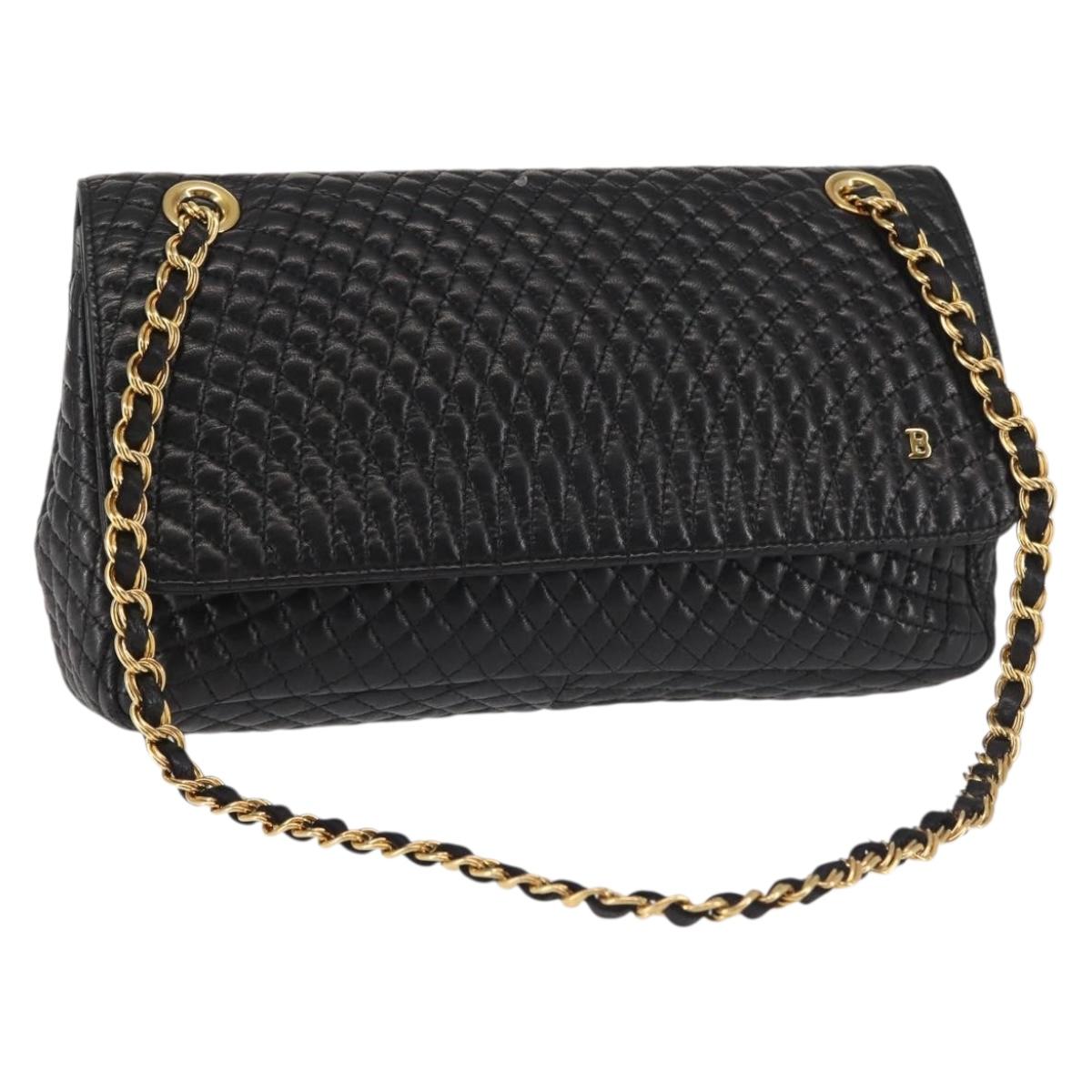 BALLY Double Flap Chain Shoulder Bag Leather Black Gold Auth 142846