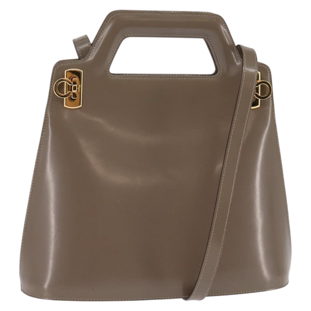 Salvatore Ferragamo Gancini Hand Bag Enamel 2way Gray Gold Auth 142850