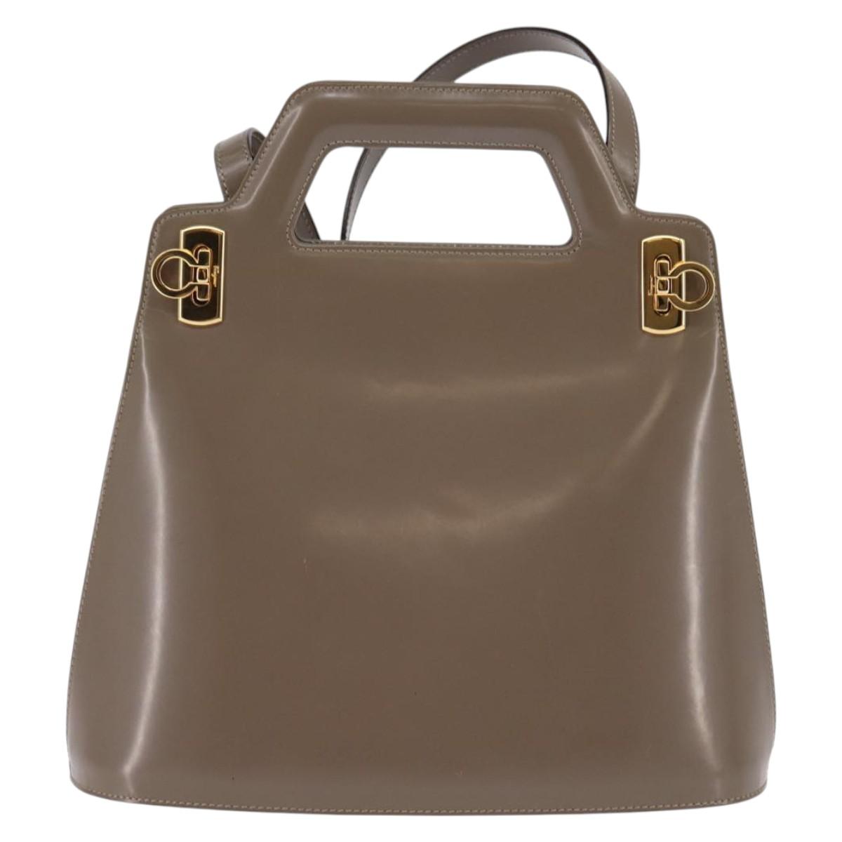 Salvatore Ferragamo Gancini Hand Bag Enamel 2way Gray Gold Auth 142850
