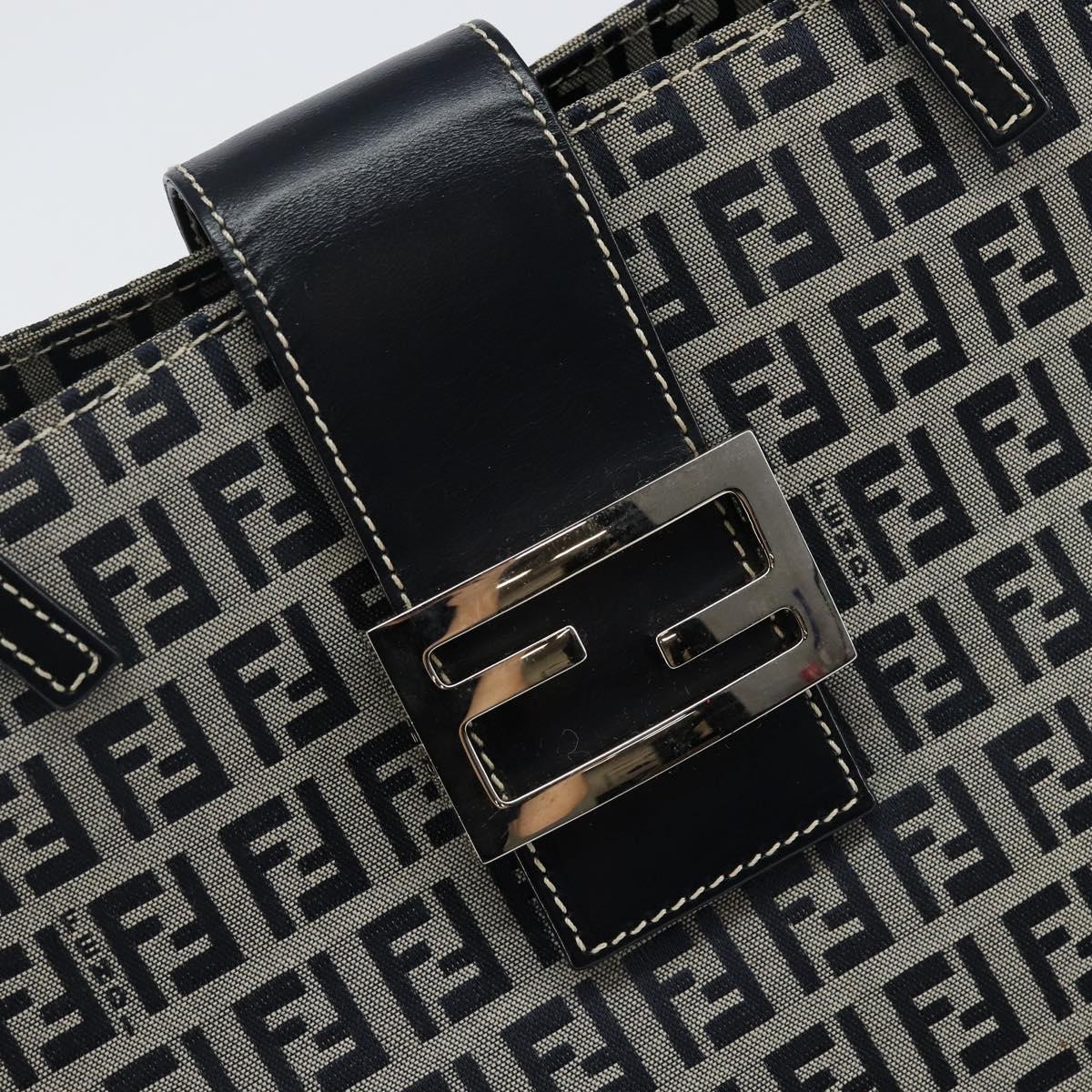 FENDI Zucchino Canvas Mamma Baguette Tote Bag Navy Silver Auth 142851