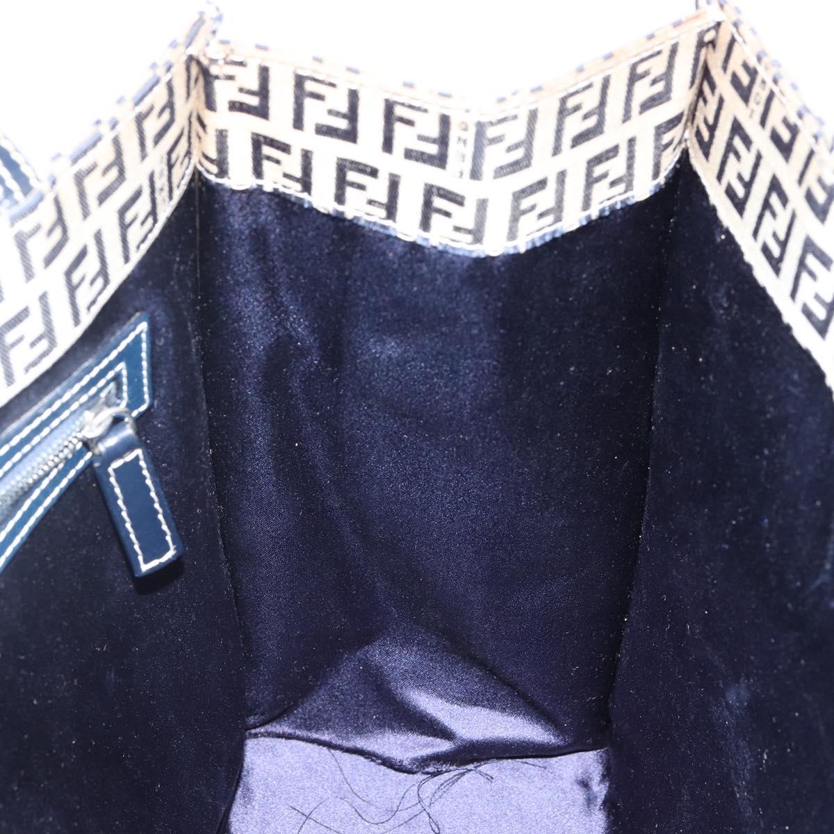 FENDI Zucchino Canvas Mamma Baguette Tote Bag Navy Silver Auth 142851