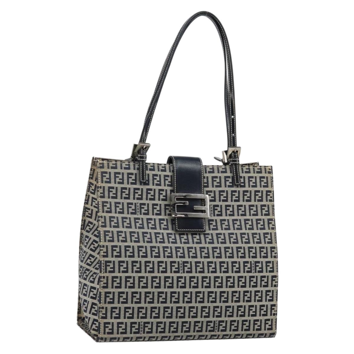 FENDI Zucchino Canvas Mamma Baguette Tote Bag Navy Silver Auth 142851