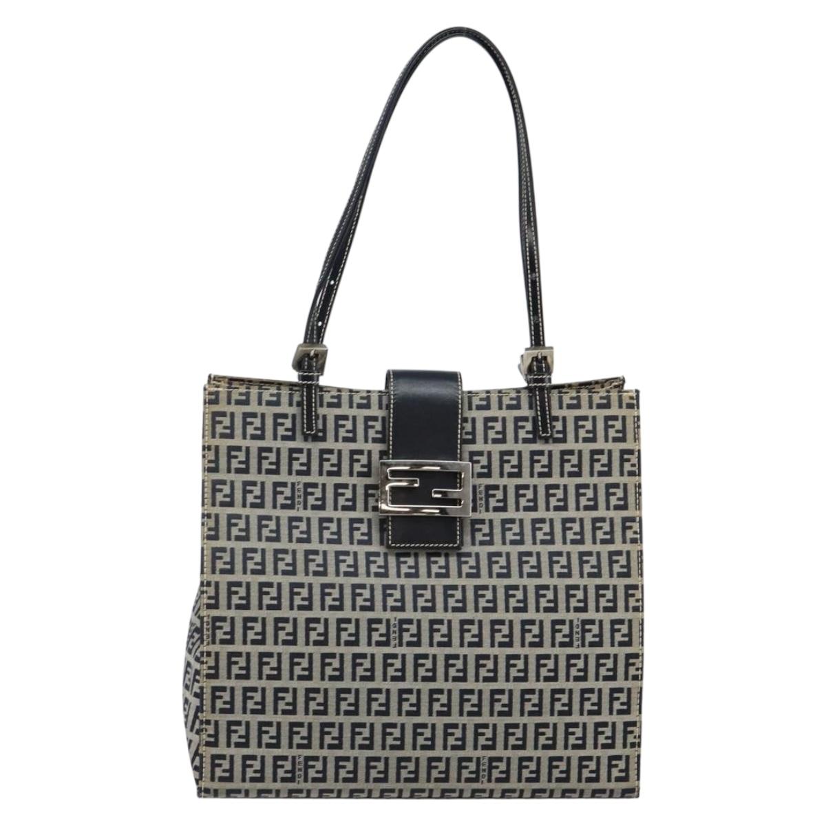 FENDI Zucchino Canvas Mamma Baguette Tote Bag Navy Silver Auth 142851
