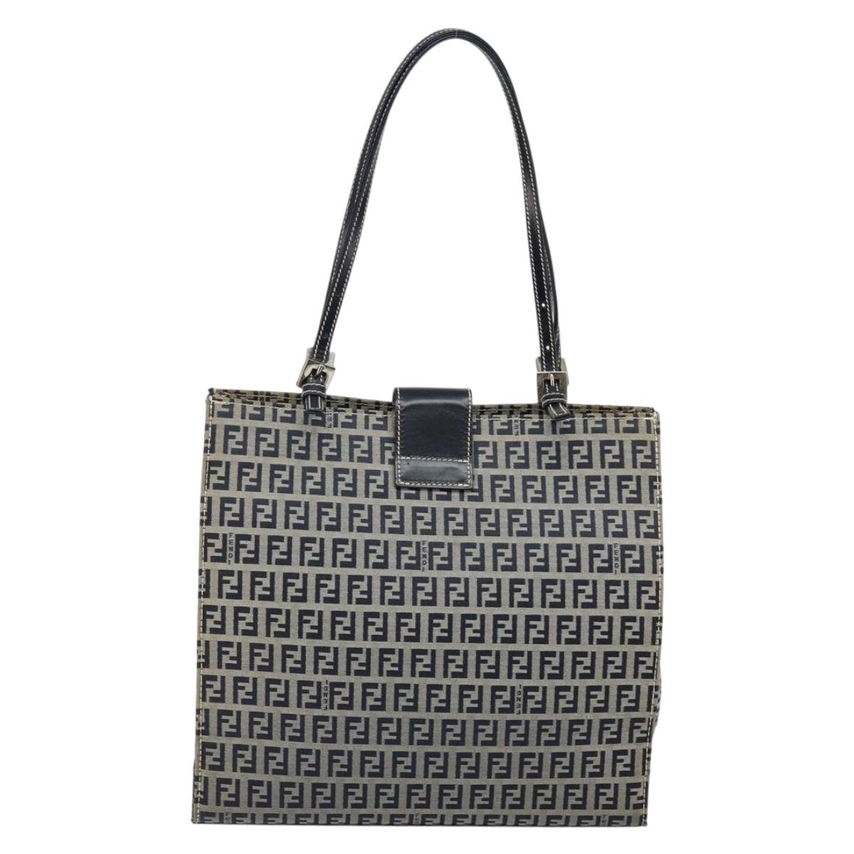 FENDI Zucchino Canvas Mamma Baguette Tote Bag Navy Silver Auth 142851