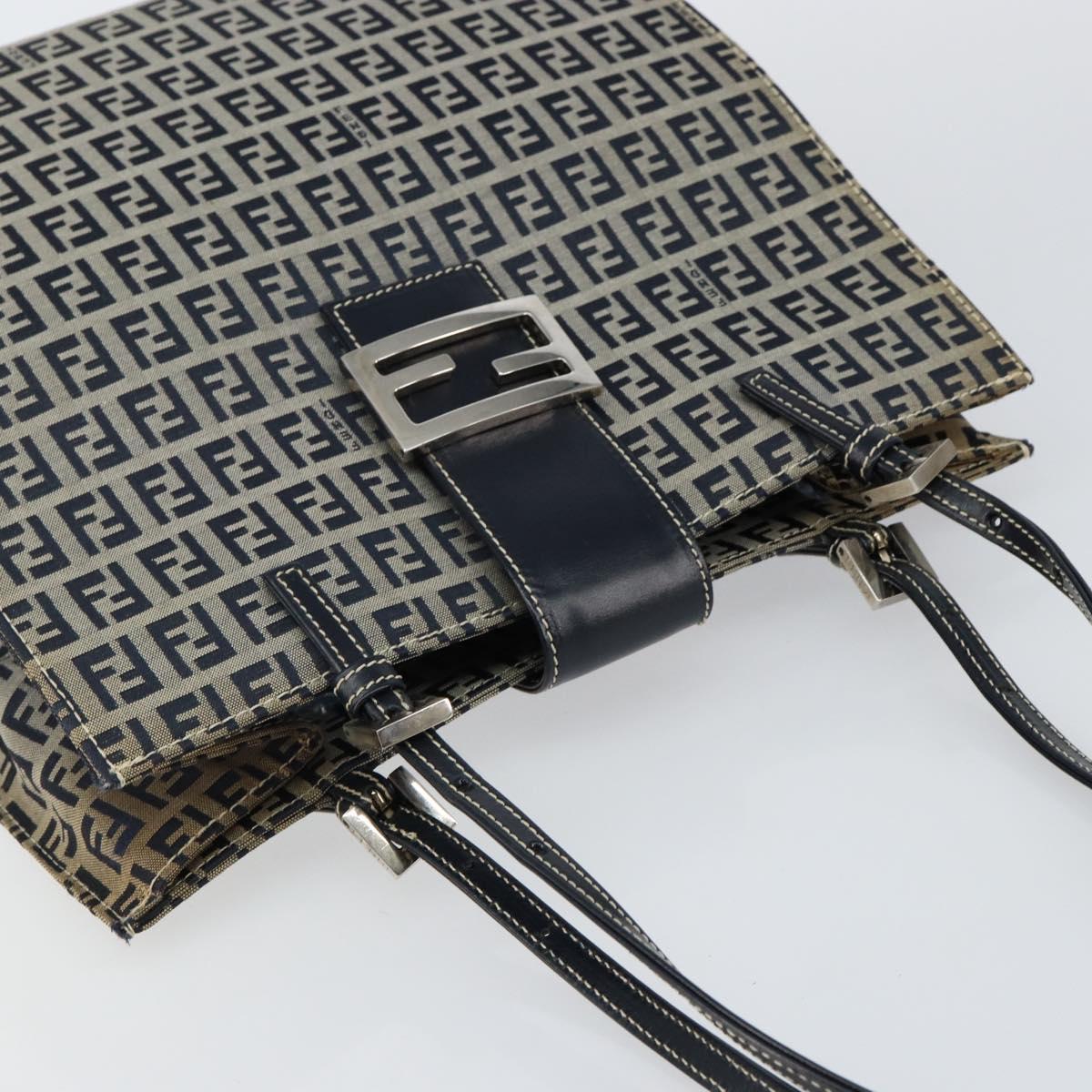 FENDI Zucchino Canvas Mamma Baguette Tote Bag Navy Silver Auth 142851
