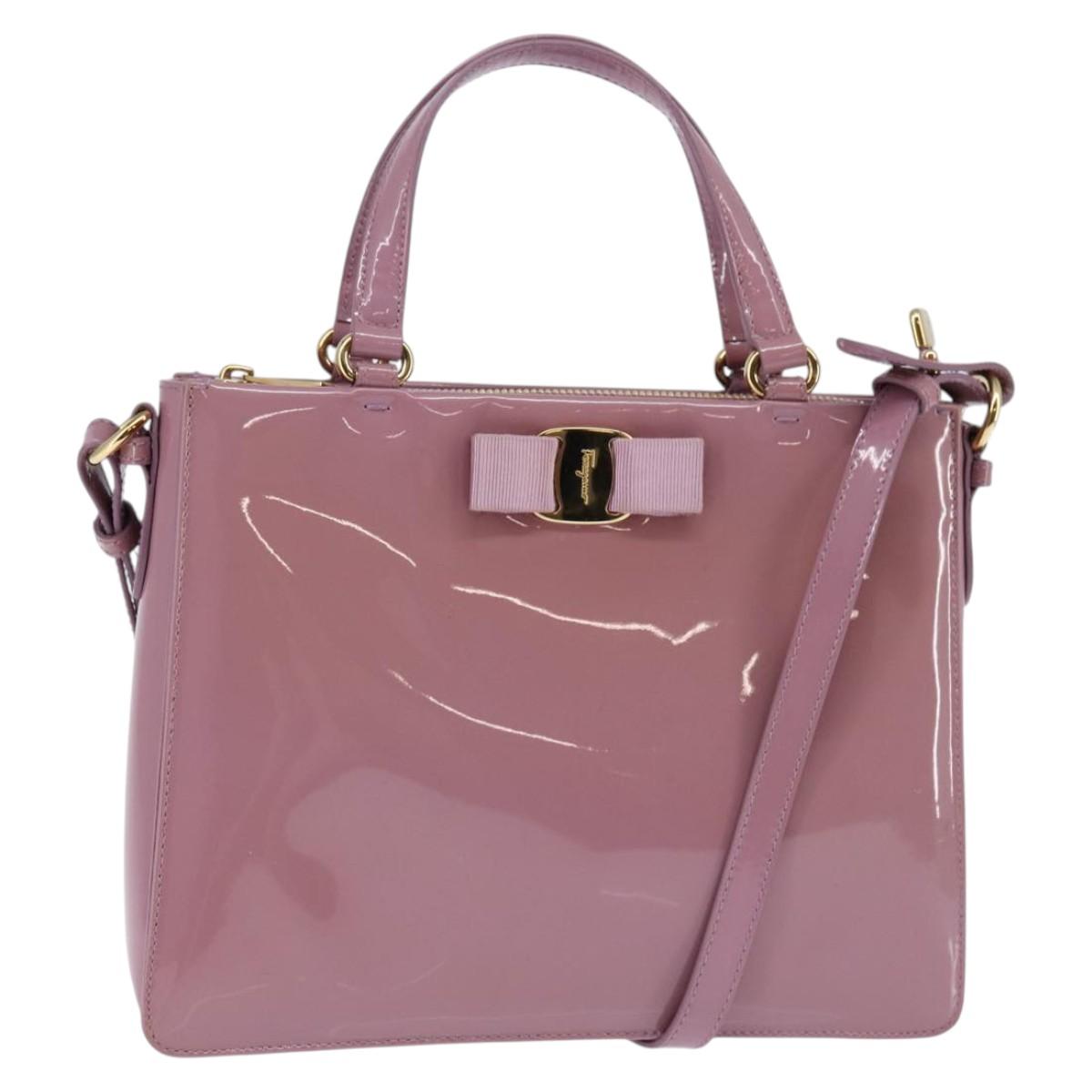 Salvatore Ferragamo Vala Hand Bag Enamel 2way Purple Gold Auth 142888