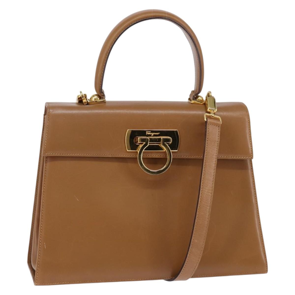Salvatore Ferragamo Gancini Hand Bag Leather 2way Brown Gold Auth 142889