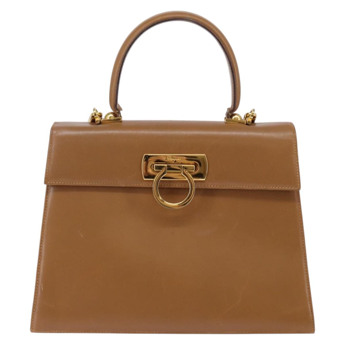 Salvatore Ferragamo Gancini Hand Bag Leather 2way Brown Gold Auth 142889