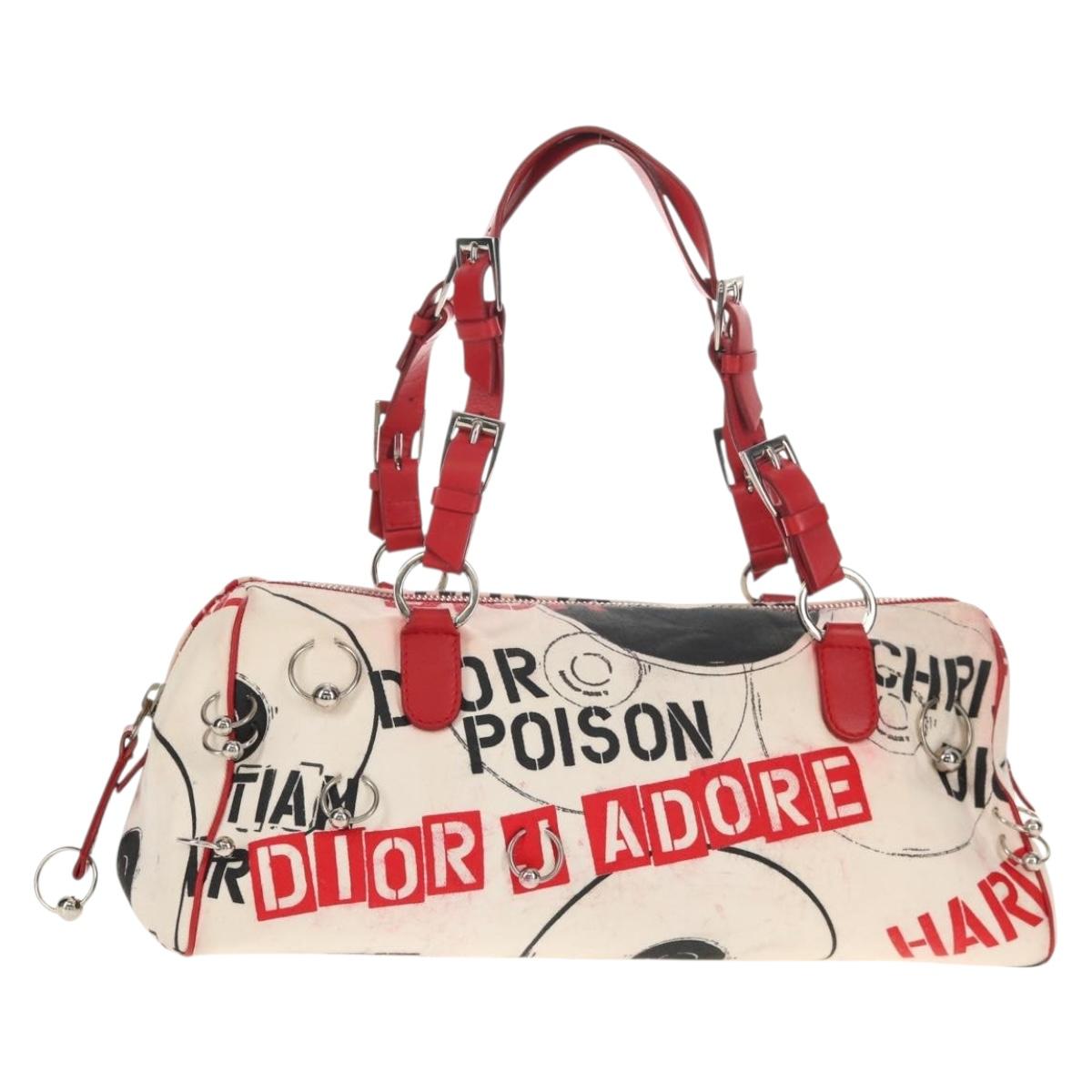 Christian Dior Hardcore Boston Bag Canvas White Red Auth 142899A