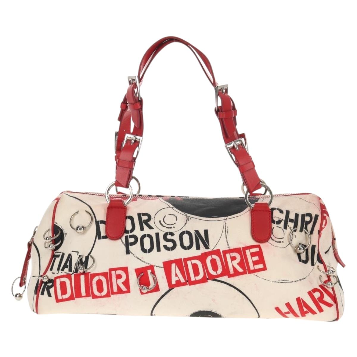 Christian Dior Hardcore Boston Bag Canvas White Red Auth 142899A