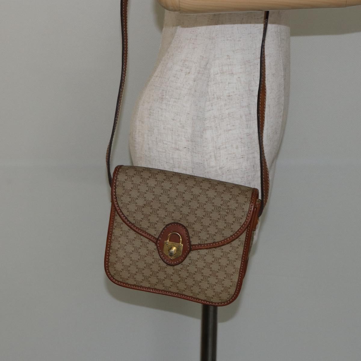 CELINE Macadam Canvas Shoulder Bag PVC Beige Gold Auth 142901