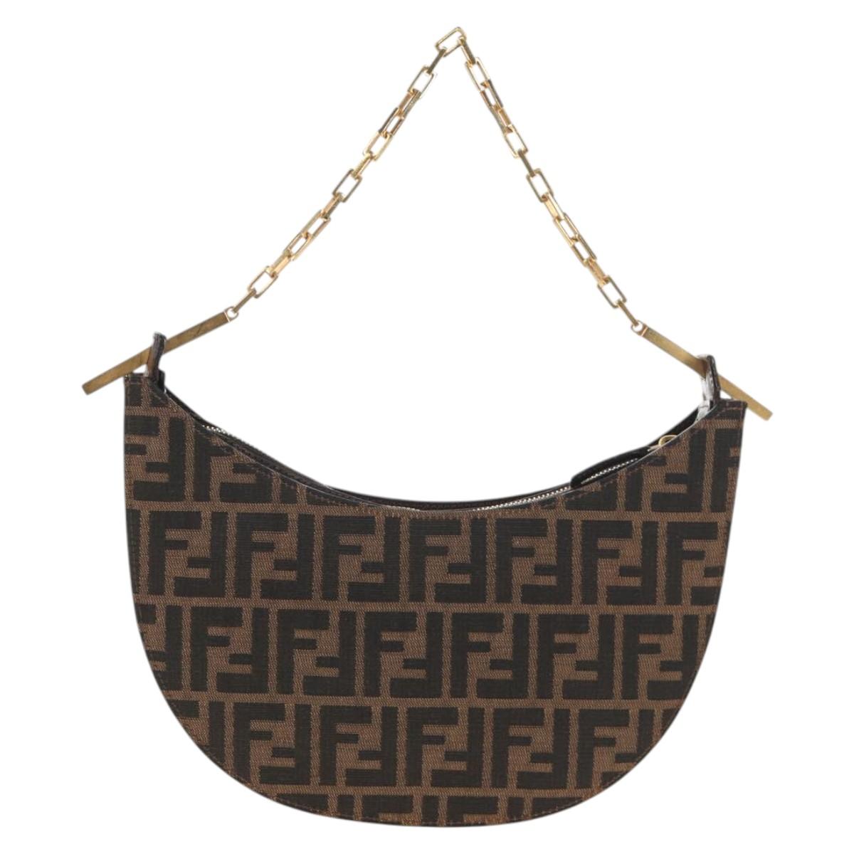 FENDI Zucca Canvas Chain Shoulder Bag Black Brown Auth 142905V