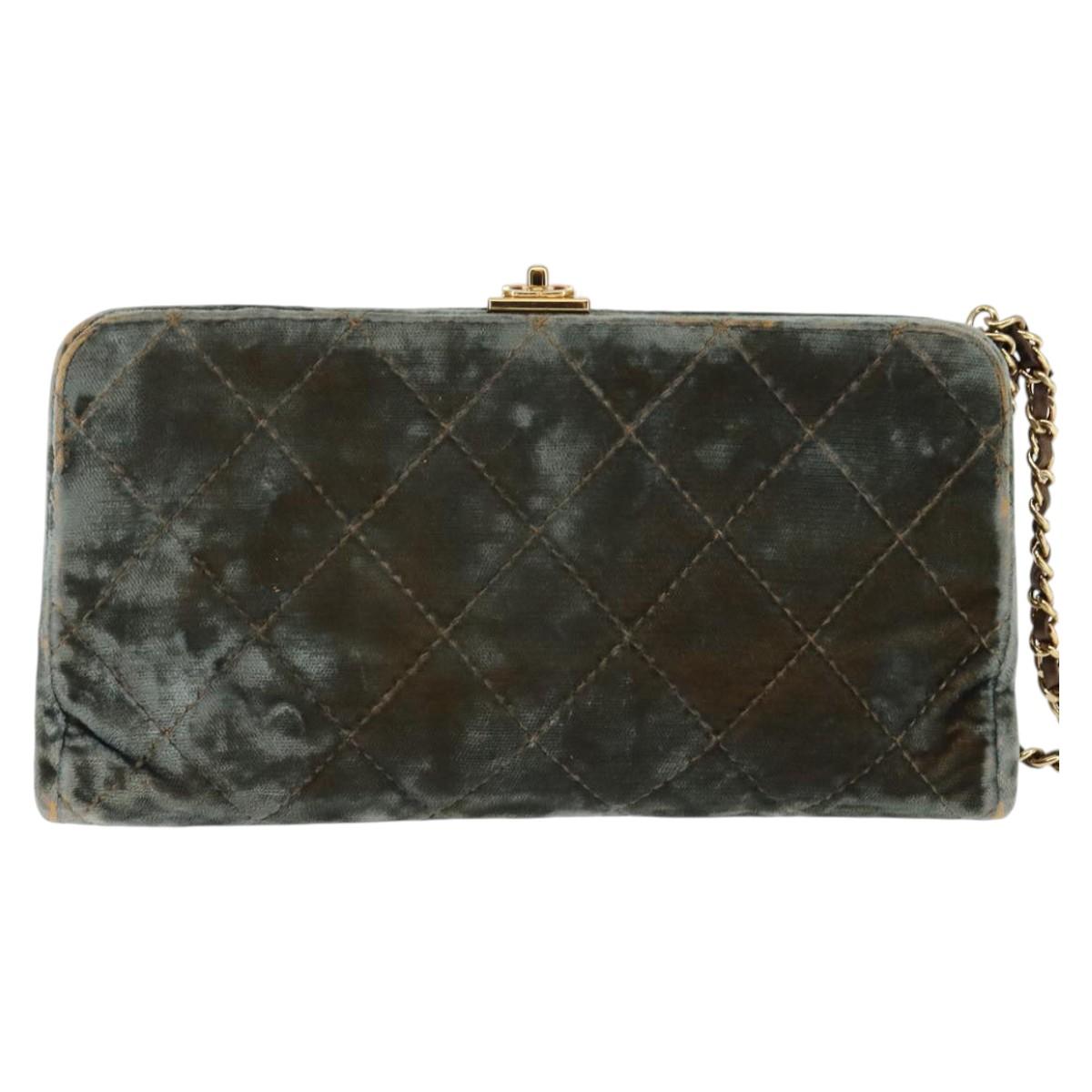 CHANEL Matelasse Clutch Bag Velor Green Gold CC Auth 142939