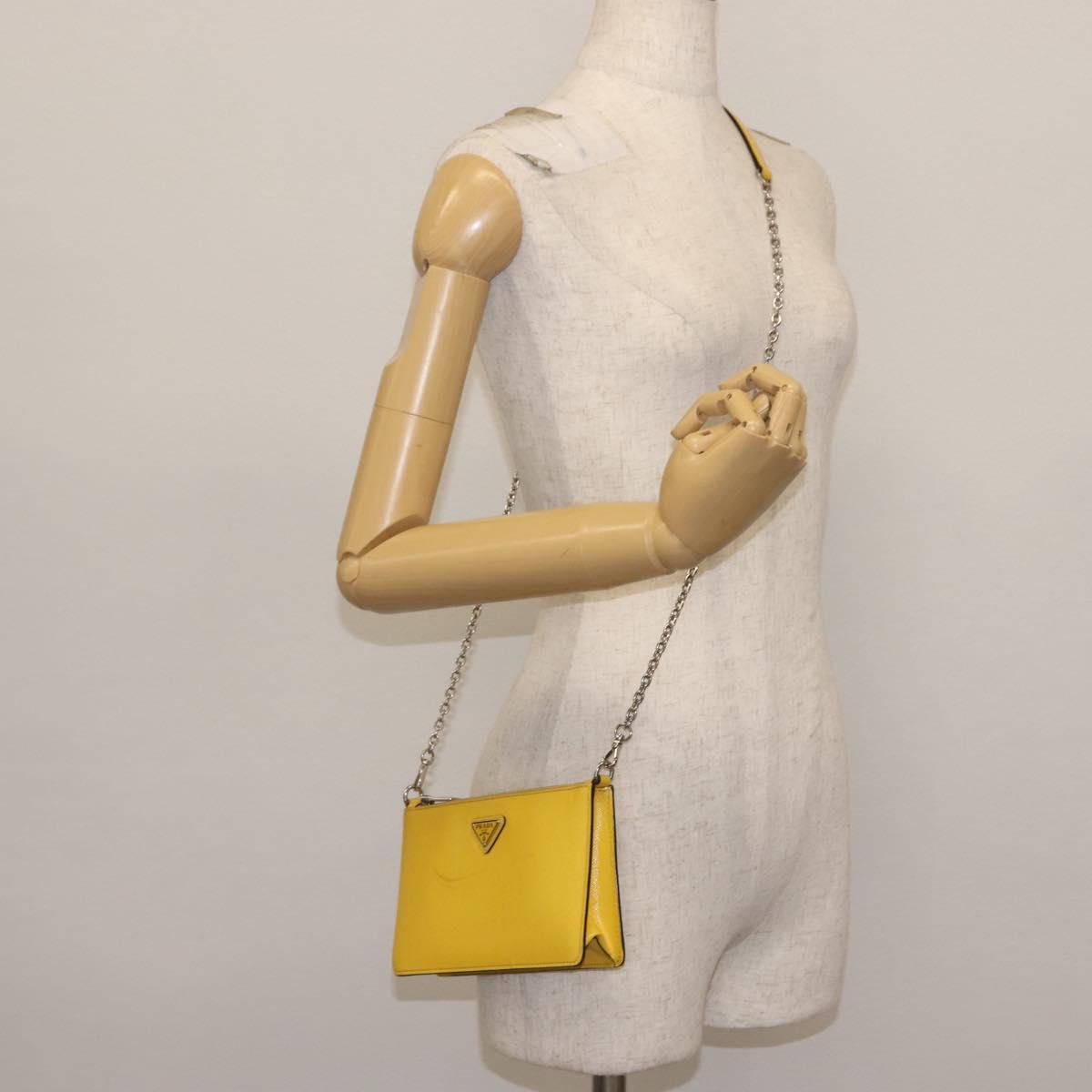 PRADA Chain Shoulder Bag Safiano leather Yellow Silver Auth 142941