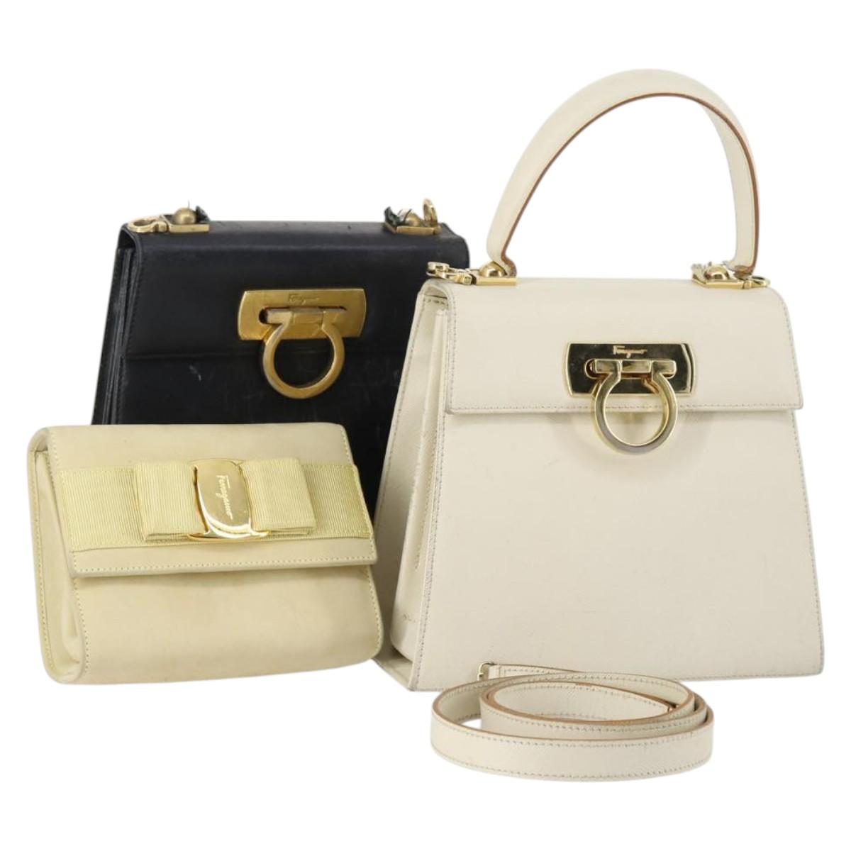 Salvatore Ferragamo Gancini Vala Bag Leather 3Set Beige Black white Auth 142965