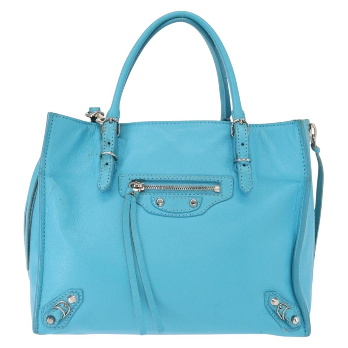 BALENCIAGA Paper Mini Hand Bag Leather 2way Light Blue Silver 357333 Auth 142977