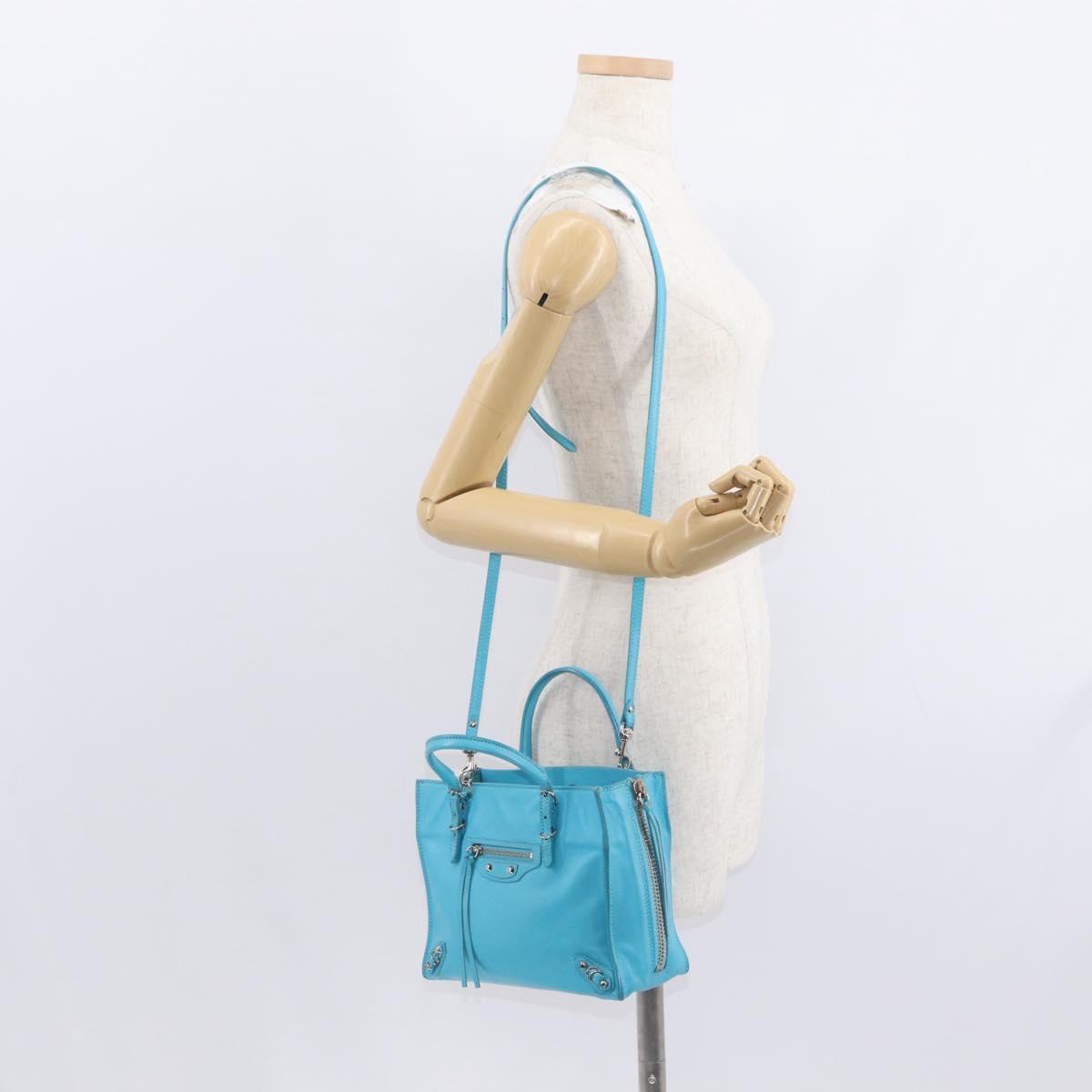 BALENCIAGA Paper Mini Hand Bag Leather 2way Light Blue Silver 357333 Auth 142977