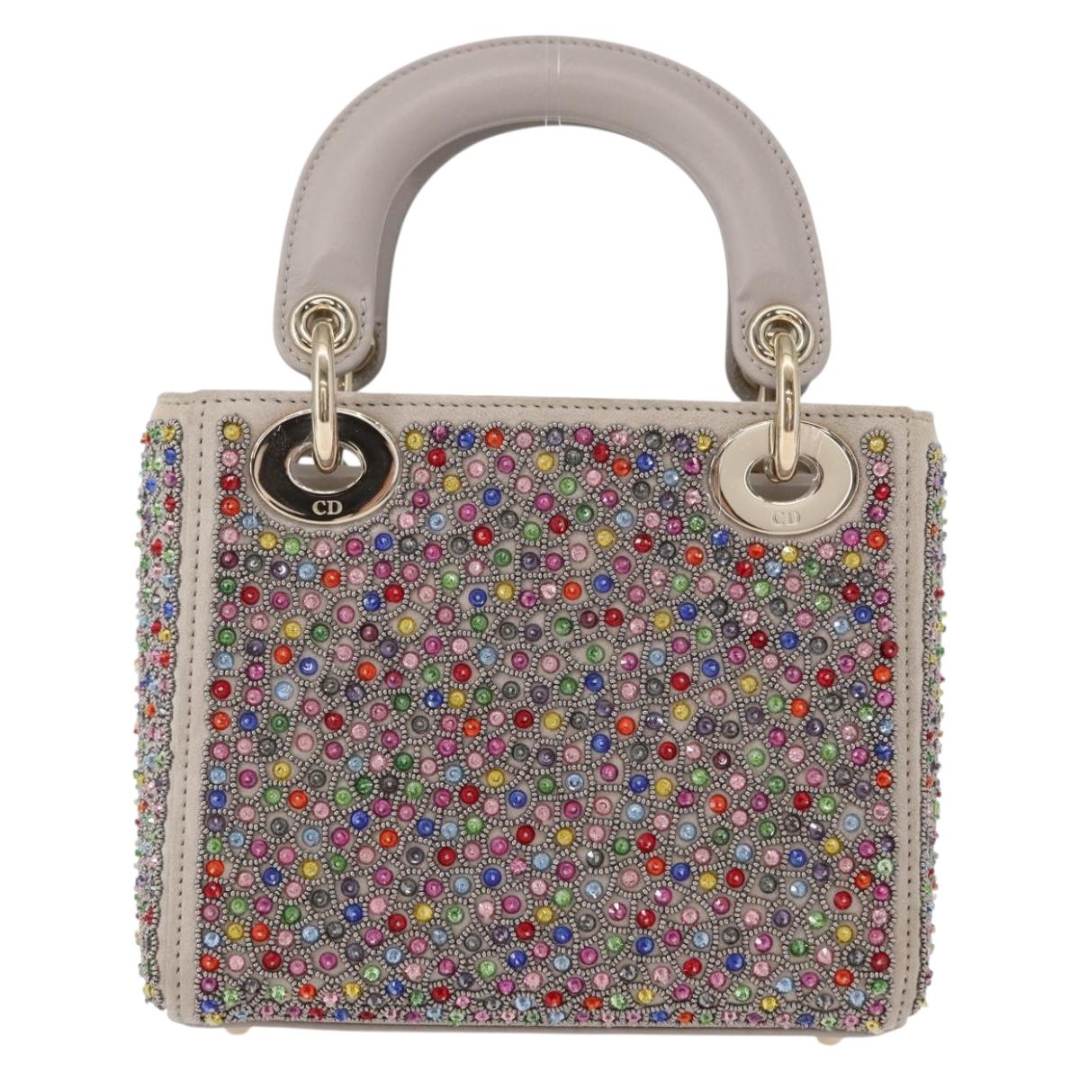 Christian Dior Lady Dior Beads Hand Bag Leather Multicolor Gold Auth 142981SM