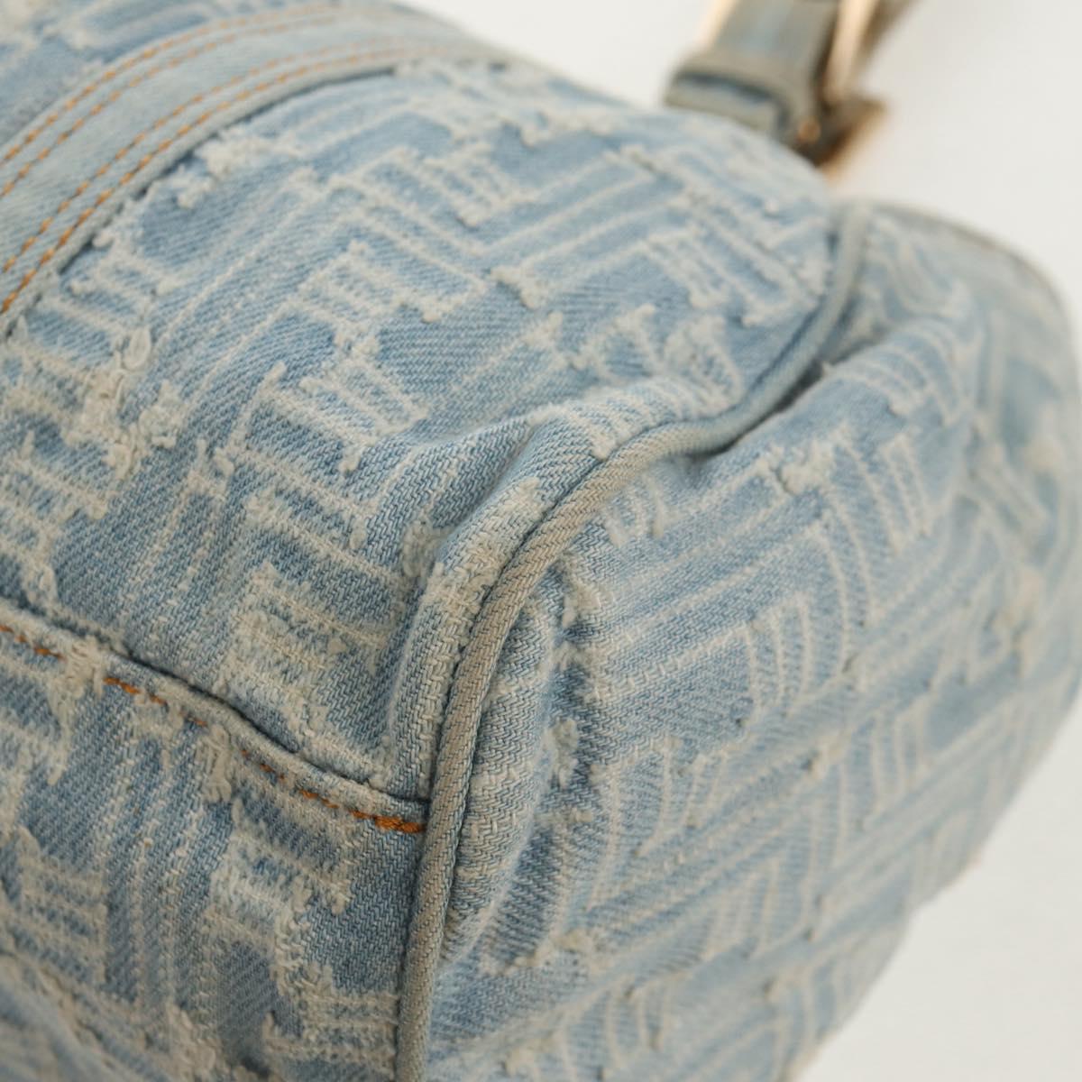 FENDI Zucchino Canvas Mamma Baguette Shoulder Bag Light Blue Gold Auth 142982