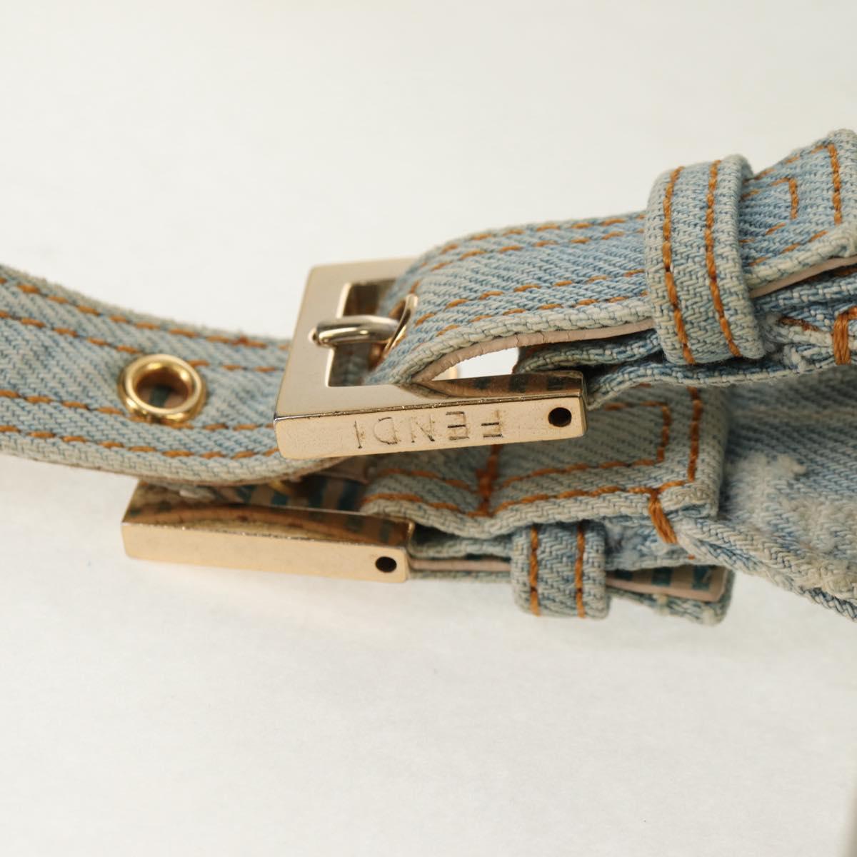 FENDI Zucchino Canvas Mamma Baguette Shoulder Bag Light Blue Gold Auth 142982