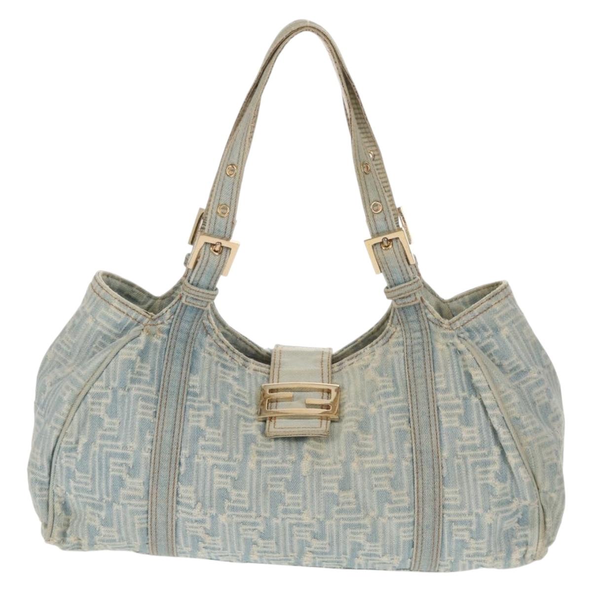 FENDI Zucchino Canvas Mamma Baguette Shoulder Bag Light Blue Gold Auth 142982