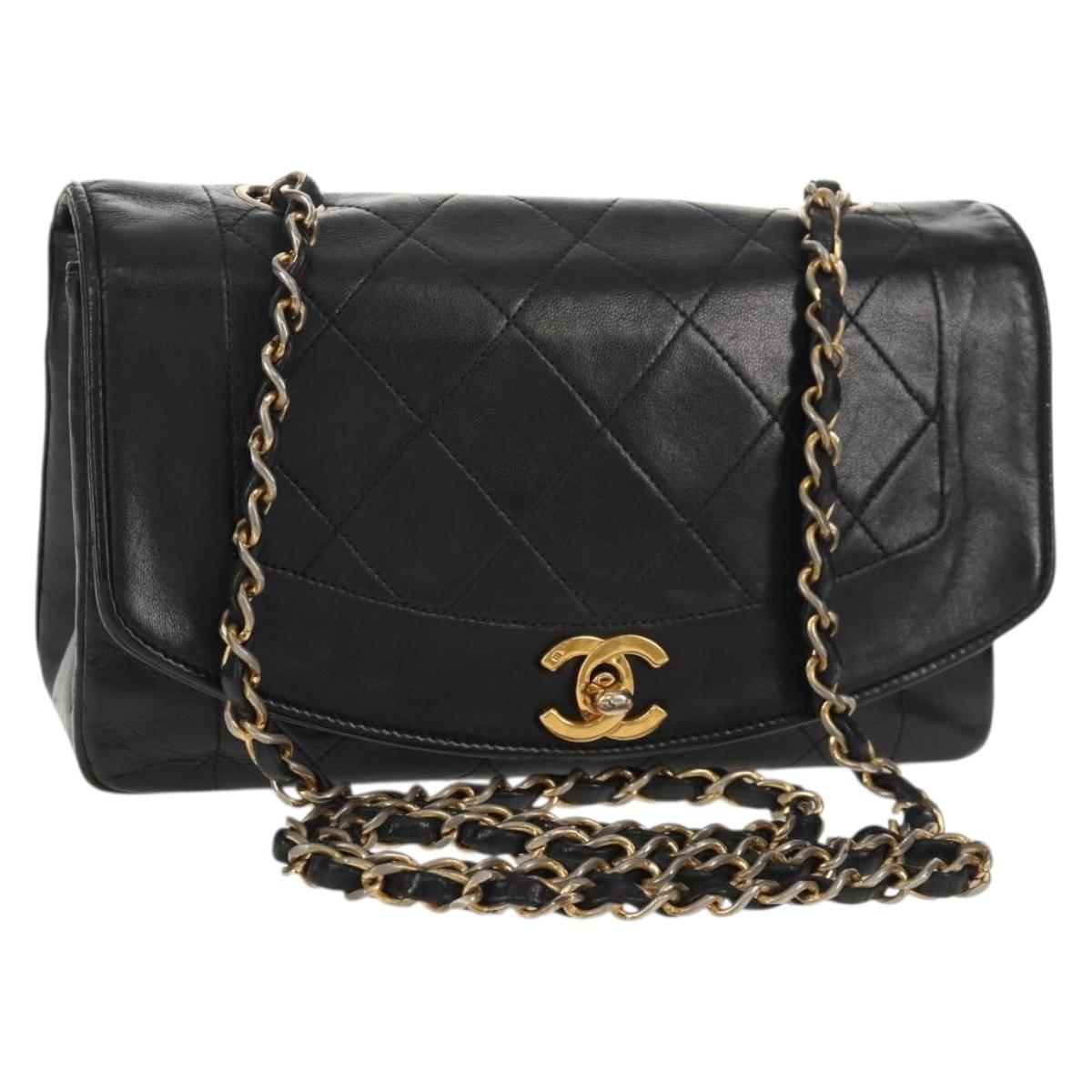 CHANEL Matelasse Chain Diana 22 Shoulder Bag Lamb Skin Black Gold CC Auth 142985