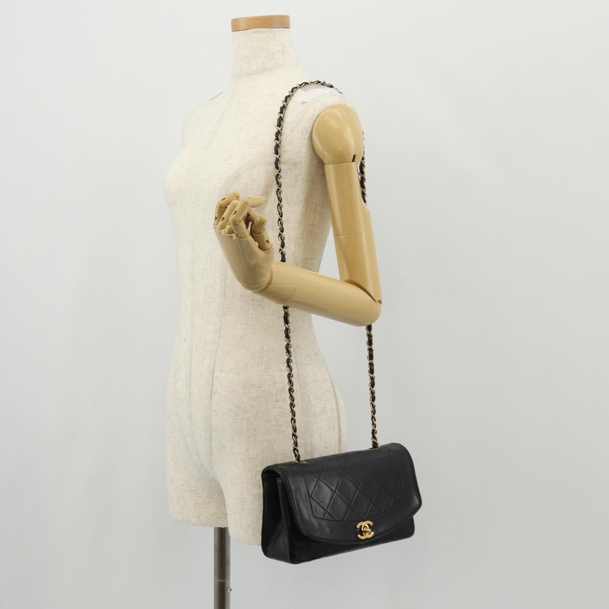 CHANEL Matelasse Chain Diana 22 Shoulder Bag Lamb Skin Black Gold CC Auth 142985