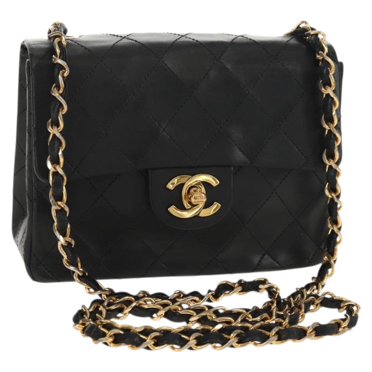 CHANEL Matelasse Chain Shoulder Bag Lamb Skin Black Gold CC Auth 142988V