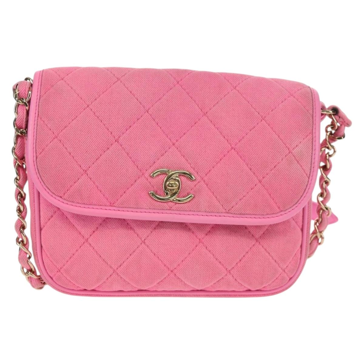 CHANEL Matelasse Chain Shoulder Bag Canvas Pink Gold CC Auth 142990V